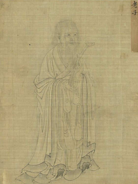 传统绢本上的老子画像，人物身着长袍，呈现古代道家思想家的形象