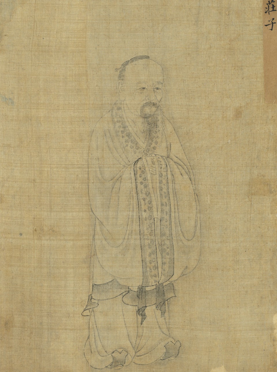 传统绢本上的庄子画像，人物身着长袍，呈现古代道家思想家的形象