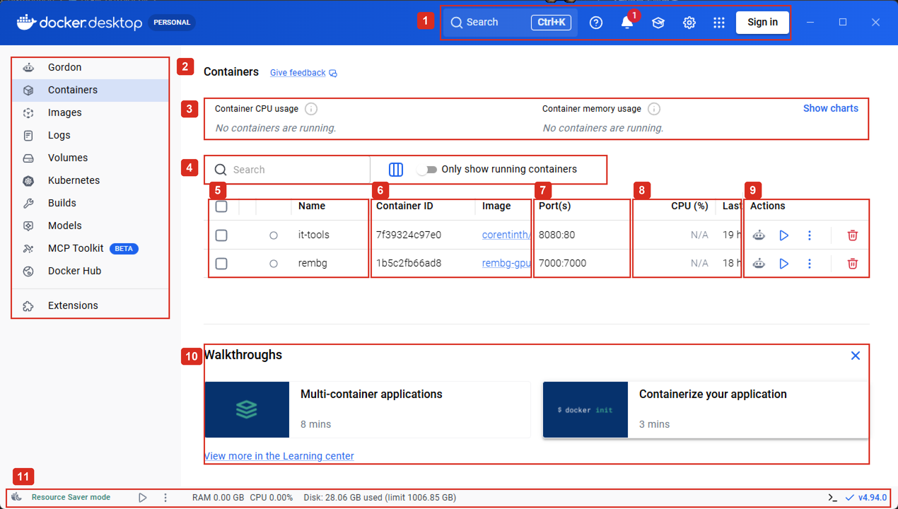 Docker Desktop Containers 页面：用编号 1 至 11 标出顶部工具栏、左侧导航、资源概览、搜索筛选、容器名称与状态、ID 与镜像、端口、运行指标、操作按钮、学习教程和底部状态栏